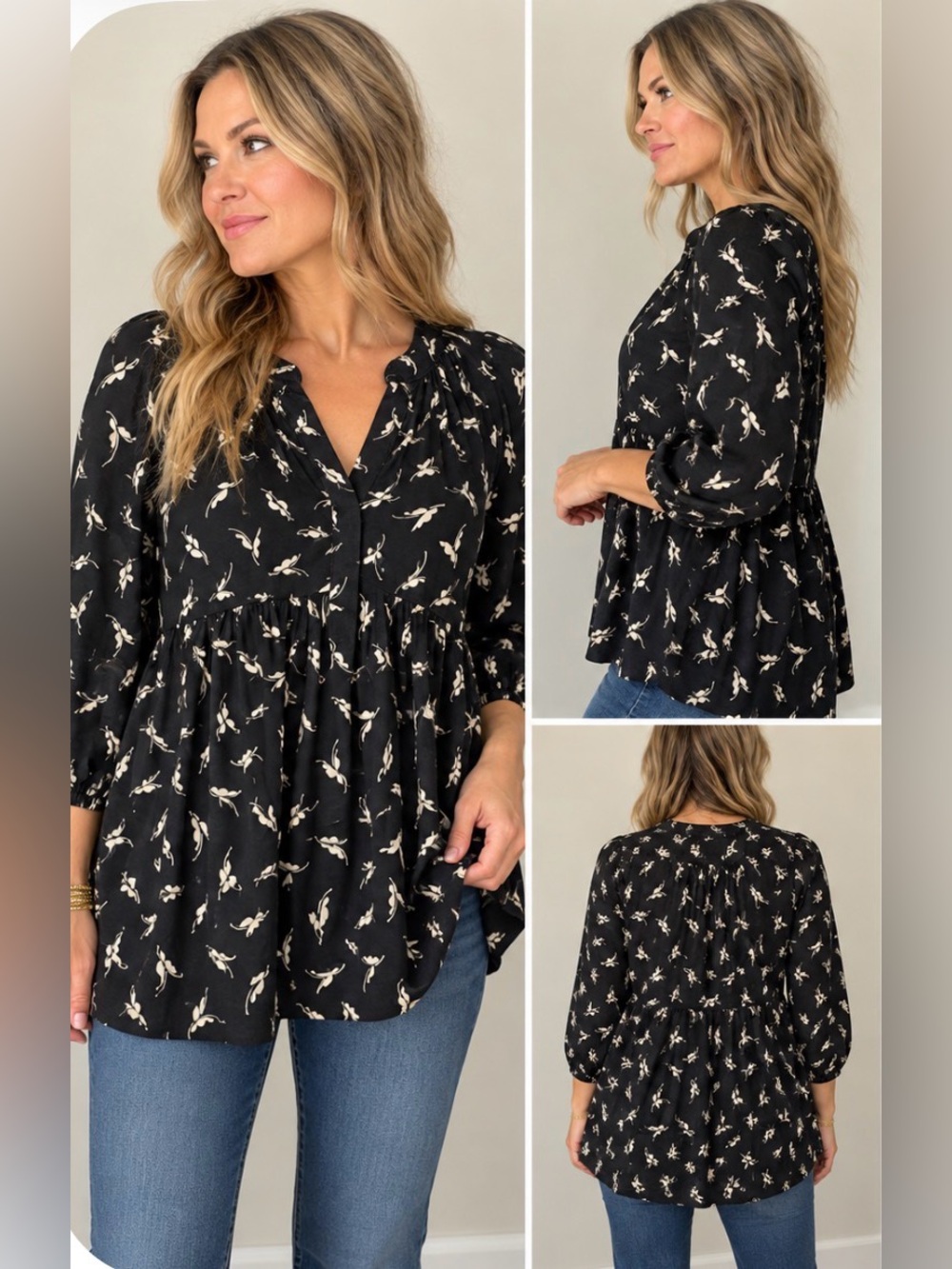 Maeve Anthropologie Medium Black Cream Print Cotton Babydoll Dress